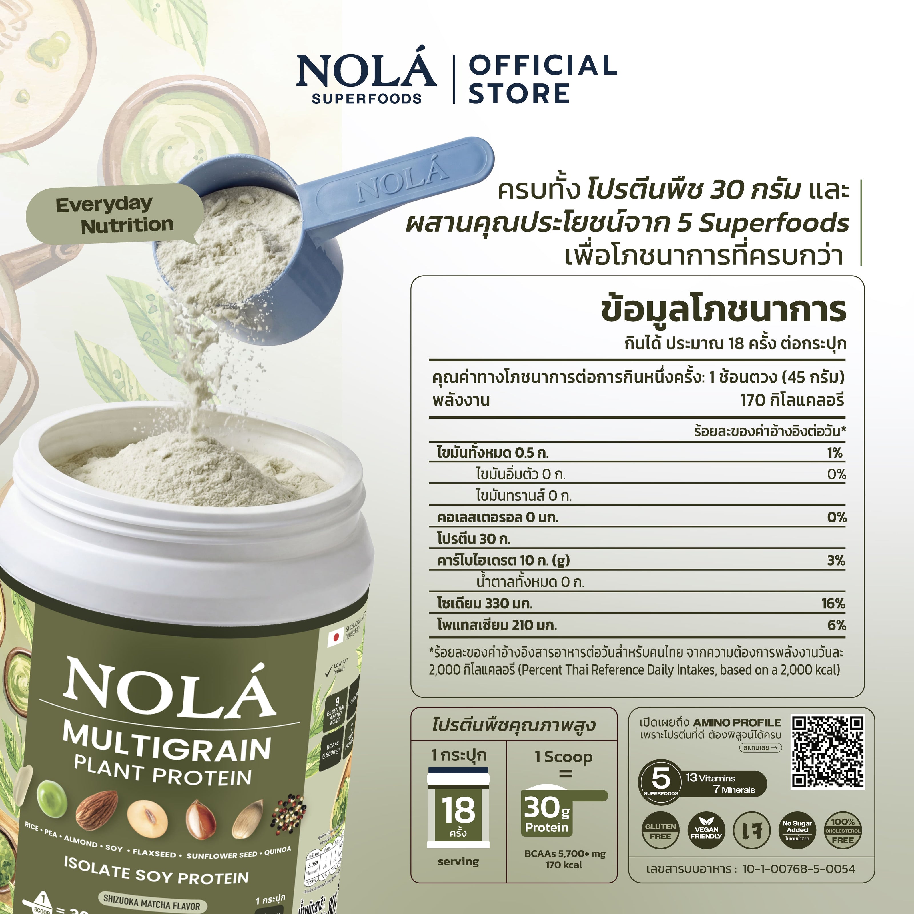 NOLA Superfoods Plant Protein Multigrain รสมัทฉะ 2 กระปุก + Zinc 60 แคปซูล 1 กระปุก