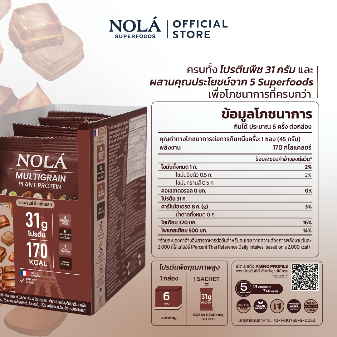 NOLÁ Superfoods โนล่า โปรตีนพืช  รสช็อกโกเเลต 1 กล่อง (สูตรใหม่) Plant Protein French Chocolate