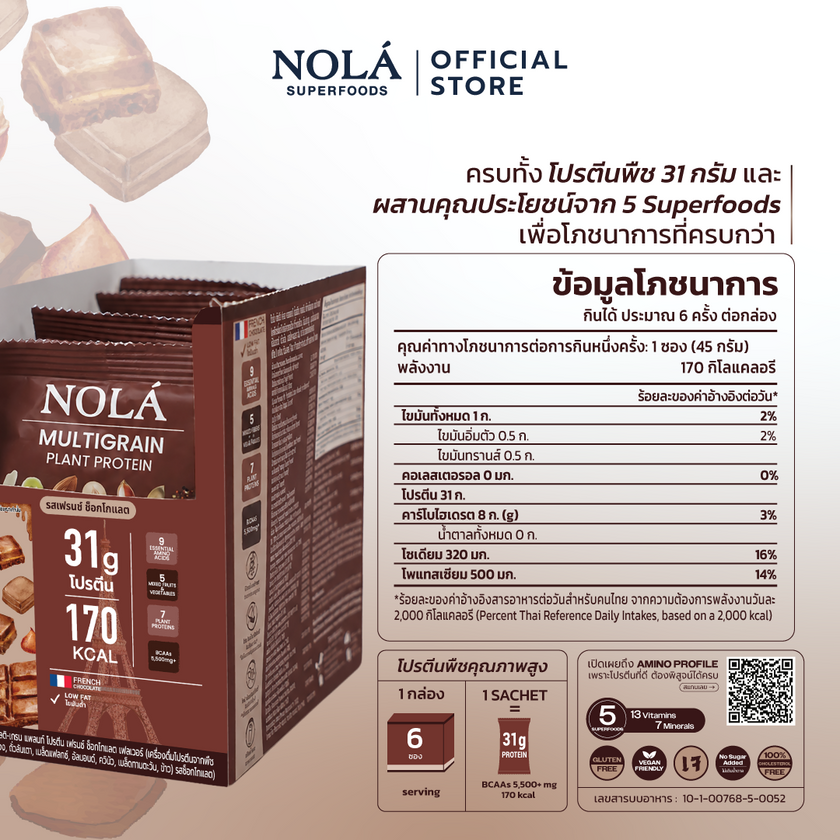 NOLÁ Superfoods โนล่า โปรตีนพืช  รสช็อกโกเเลต 1 กล่อง (สูตรใหม่) Plant Protein French Chocolate
