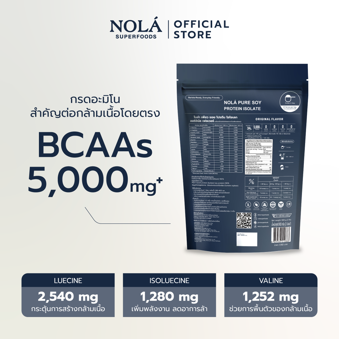 NOLÁ Superfoods Pure soy protein Isolate Original 908 g โปรตีนพืช ถั่วเหลือง อัดแน่นด้วยโปรตีน 34 กรัม BCAAs 5000 mg+
