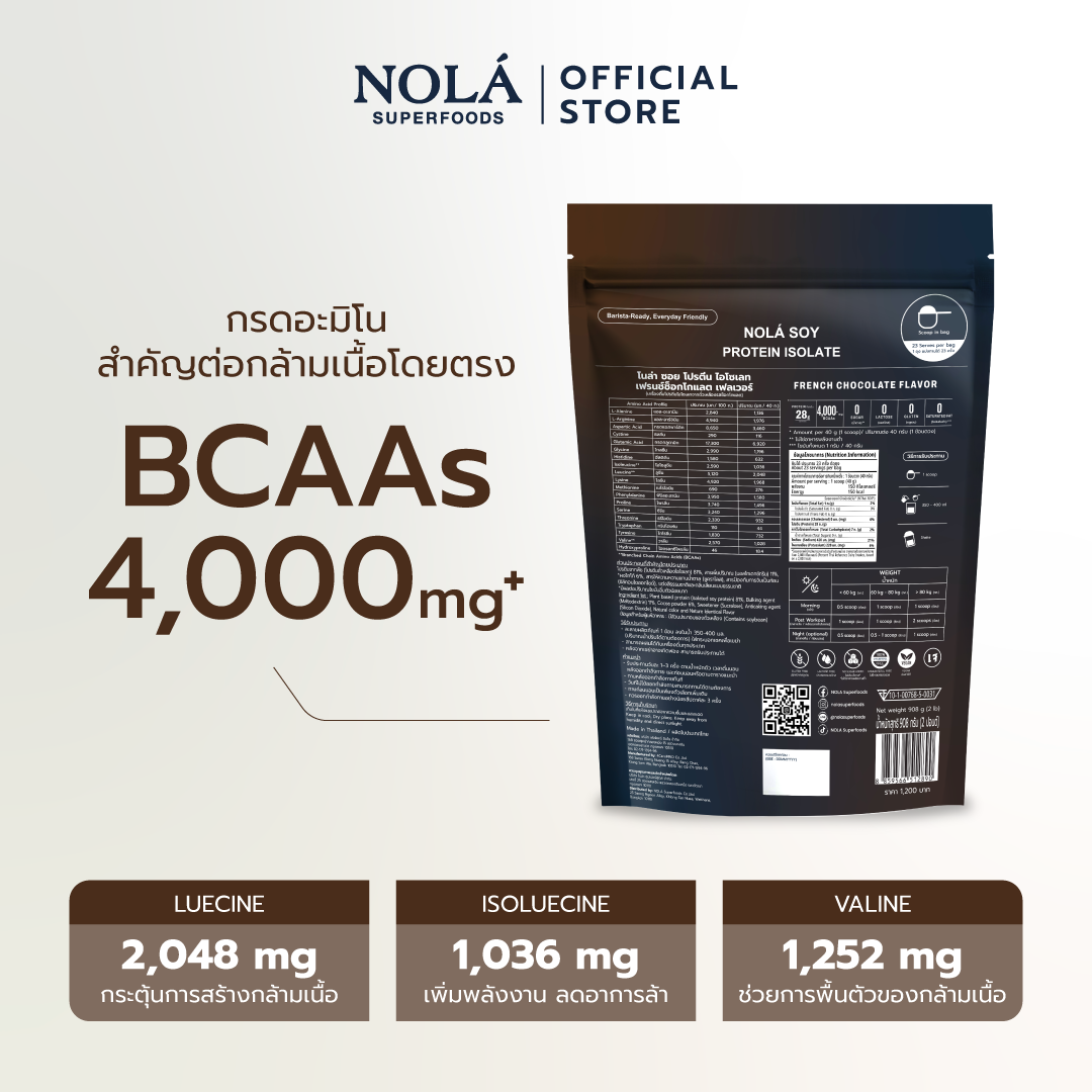 NOLÁ Superfoods Pure soy protein Isolate รส Chocolate 908 g โปรตีนพืช ถั่วเหลือง โปรตีน 28 กรัม BCAAs 4000 mg+