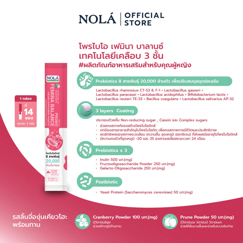 Probio Femina Balance โพรไบโอติกส์ หยุดกลิ่นลดคัน รสชาติลิ้นจี่องุ่นเคียวโฮะ ไม่เติมน้ำตาล