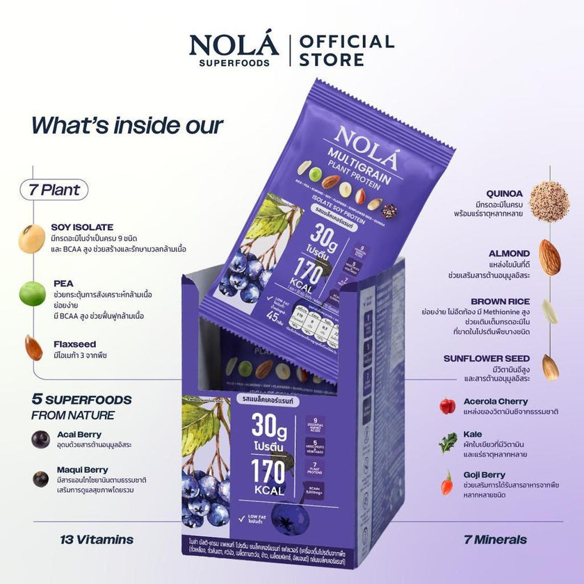NOLÁ Superfoods โนล่า โปรตีนพืช  รสแบล็กเคอร์เรนต์ เบอร์รี่ 1 กล่อง (สูตรใหม่) Multigrain Plant Protein Blackcurrant