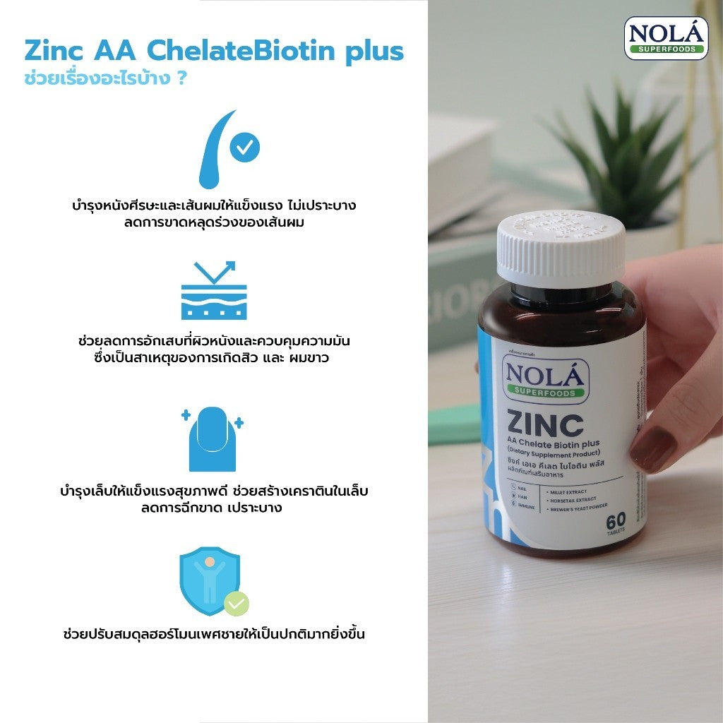 [EXP17072027] NOLÁ Vitamin ZINC AA Chelate Biotin plus 60 caps คุมมัน ลดสิว ผิวใส เล็บสวย แบรนด์ โนล่า ซุปเปอร์ฟู้ดส์