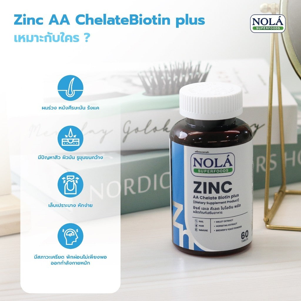 [EXP17072027] NOLÁ Vitamin ZINC AA Chelate Biotin plus 60 caps คุมมัน ลดสิว ผิวใส เล็บสวย แบรนด์ โนล่า ซุปเปอร์ฟู้ดส์