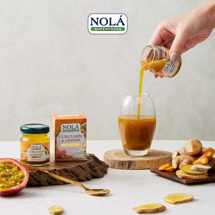 พร้อมดื่ม ขมิ้นชันและขิง 12 ขวด แบรนด์ โนล่า ซุปเปอร์ฟู้ดส์ Curcumin&Ginger