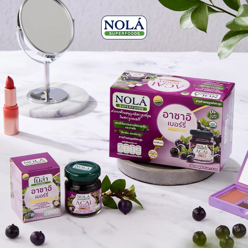 อาซาอิ เบอร์รี่ สกัดเข้มข้น ขนาด 45 มล. จัดส่ง 6 ขวดเดี่ยว ไม่เติมน้ำตาล แบรนด์ โนล่า Acai Short Drink