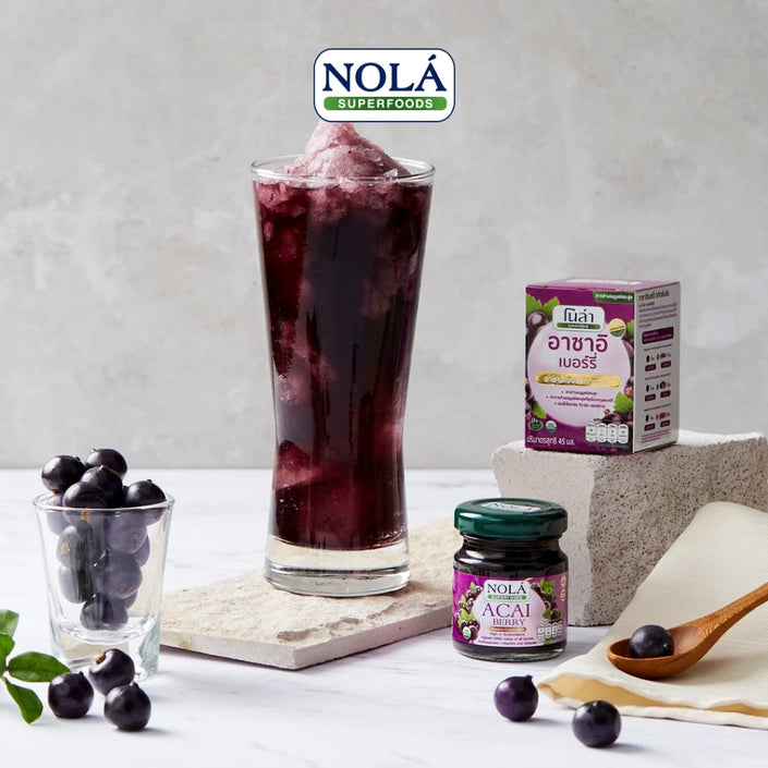 อาซาอิ เบอร์รี่ สกัดเข้มข้น ขนาด 45 มล. จัดส่ง 6 ขวดเดี่ยว ไม่เติมน้ำตาล แบรนด์ โนล่า Acai Short Drink