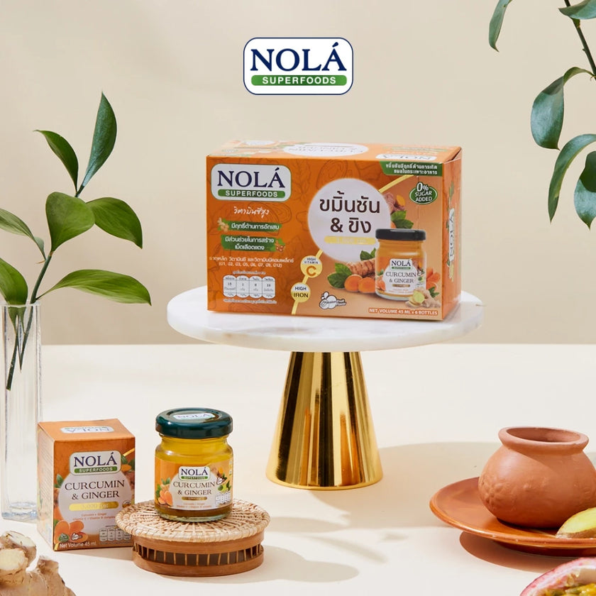 พร้อมดื่ม ขมิ้นชันและขิง 12 ขวด แบรนด์ โนล่า ซุปเปอร์ฟู้ดส์ Curcumin&Ginger