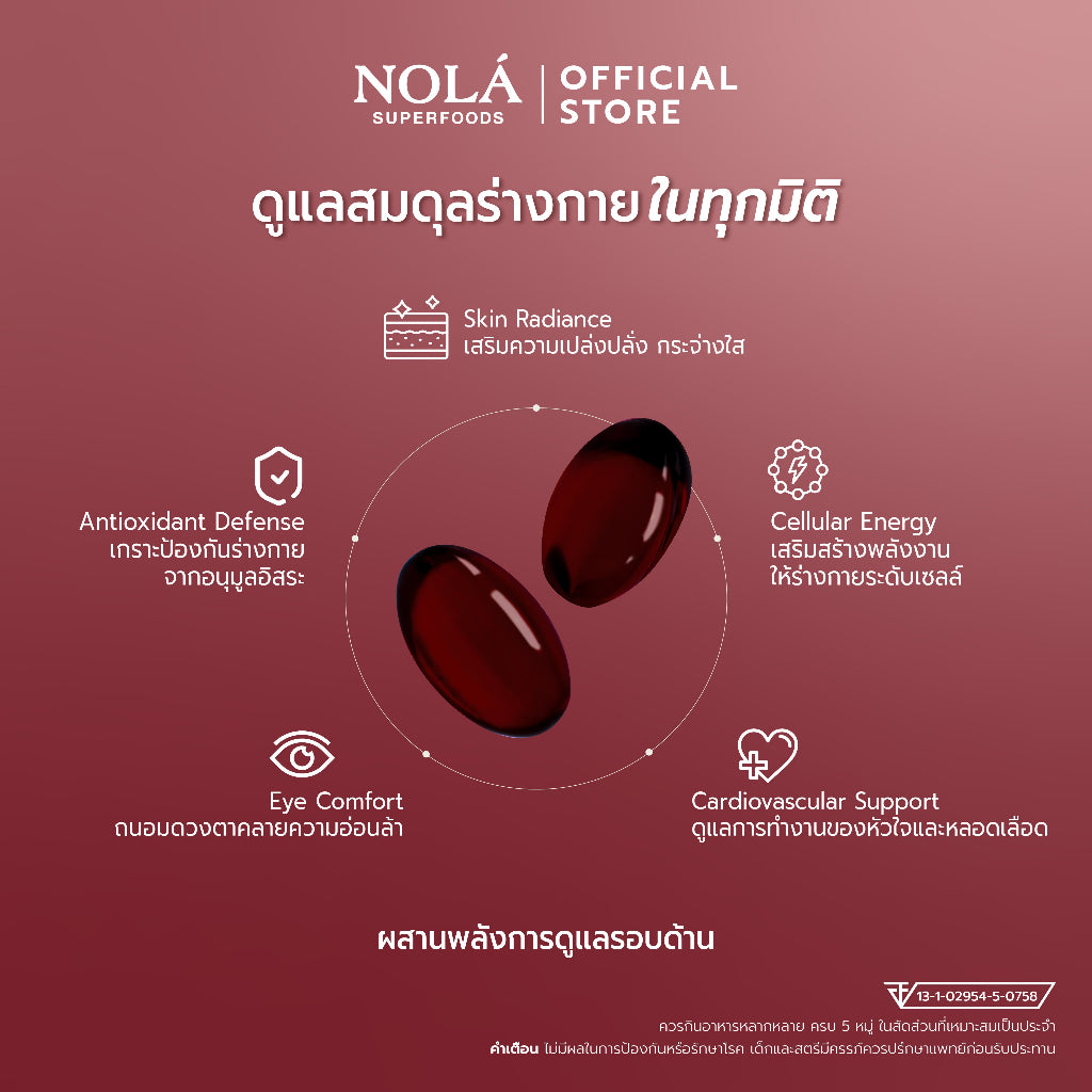 NOLA Asta CoQ10 Fusion Plus แอสตาแซนธินปริมาณเต็มโดส* 6 มิลลิกรัม ดูแลผิวพรรณให้สุขภาพดีและดูอ่อนเยาว์อย่างเป็นธรรมชาติ