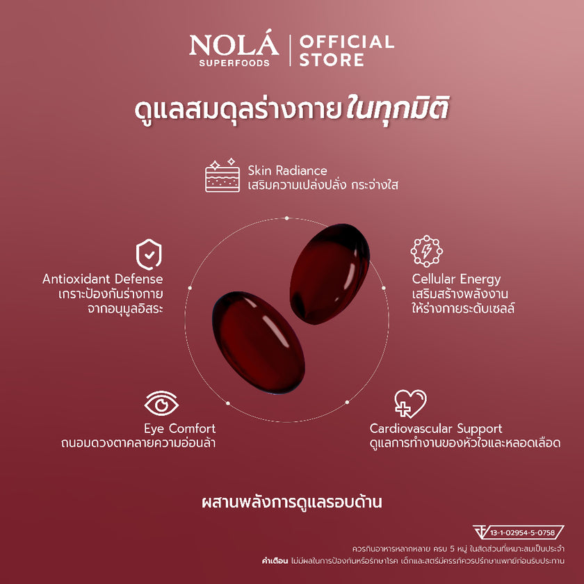 NOLA Asta CoQ10 Fusion Plus แอสตาแซนธินปริมาณเต็มโดส* 6 มิลลิกรัม ดูแลผิวพรรณให้สุขภาพดีและดูอ่อนเยาว์อย่างเป็นธรรมชาติ